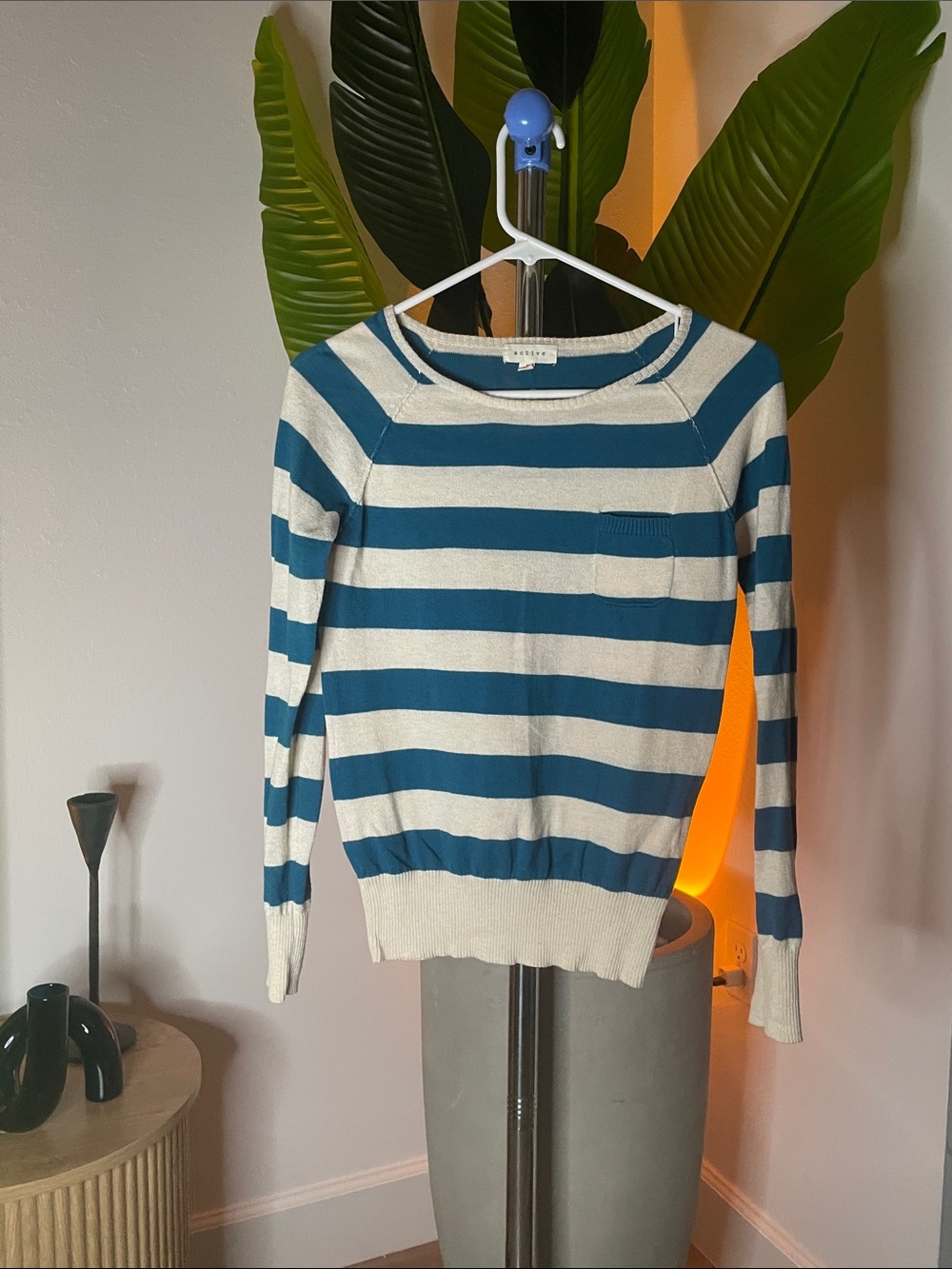 Active USA Teal and Cream Striped Crewneck Sweater